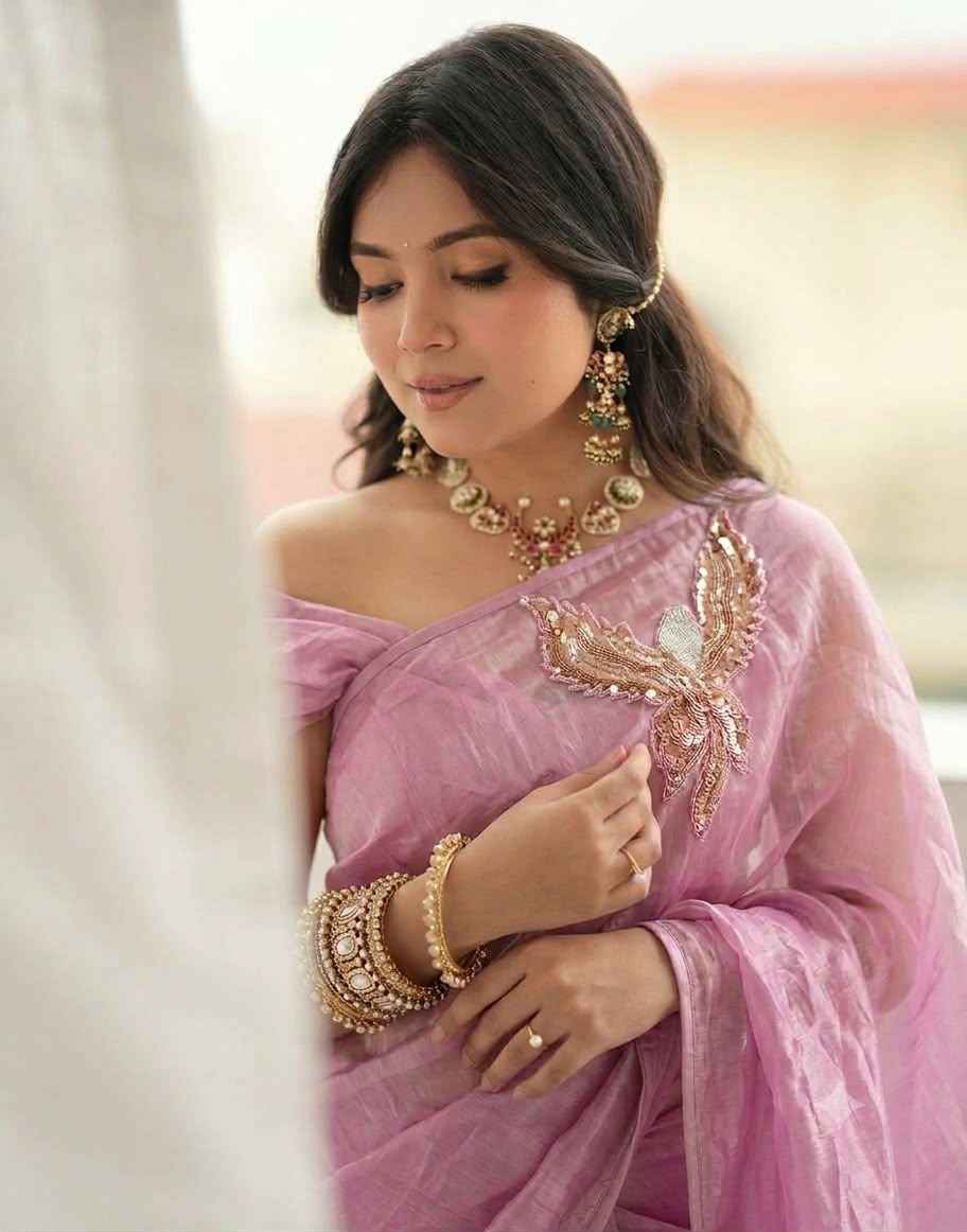 SPACE SILK CUTDANA SEQUENCE BEADS WORK DESIGENR SAREE