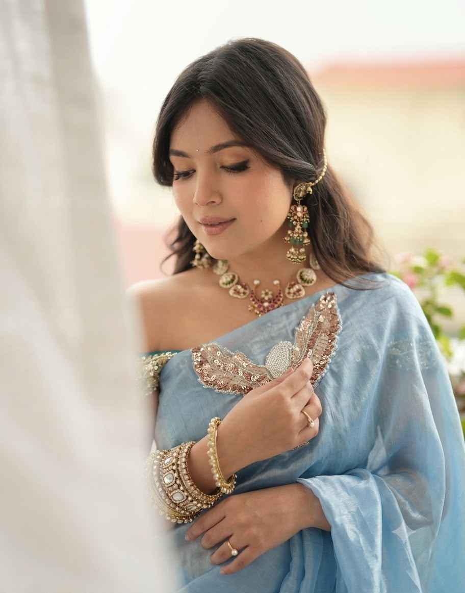 SPACE SILK CUTDANA SEQUENCE BEADS WORK DESIGENR SAREE