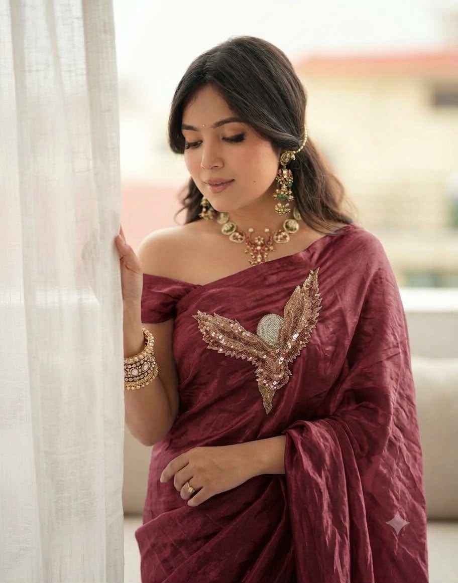 SPACE SILK CUTDANA SEQUENCE BEADS WORK DESIGENR SAREE