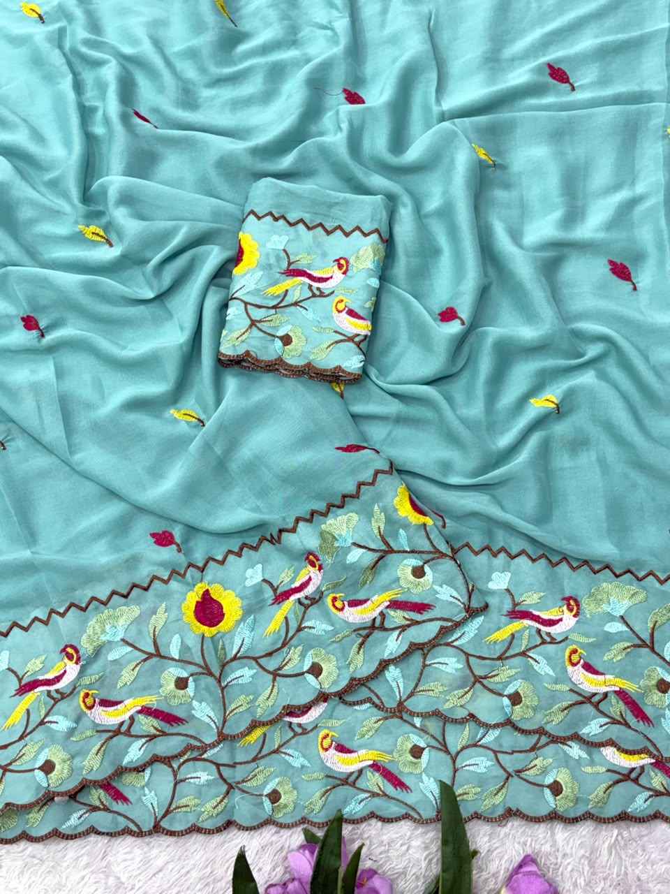 STAR GORGETTE MULTI EMBROIDERY PANEL WORK SAREE 