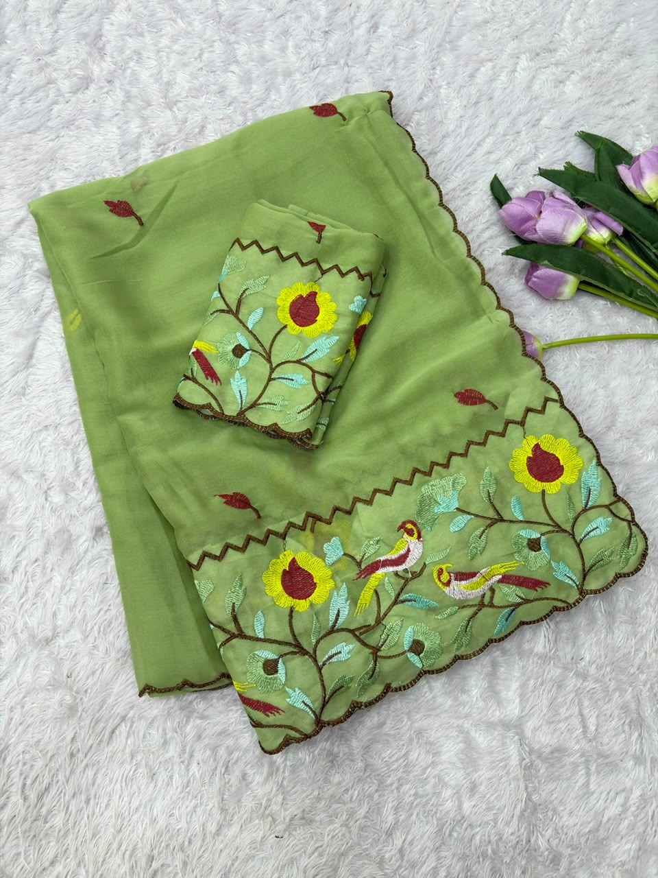STAR GORGETTE MULTI EMBROIDERY PANEL WORK SAREE 