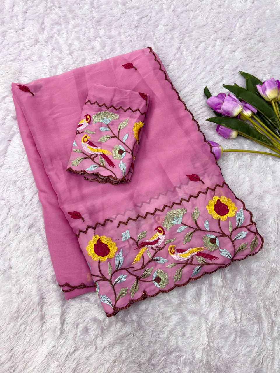 STAR GORGETTE MULTI EMBROIDERY PANEL WORK SAREE 