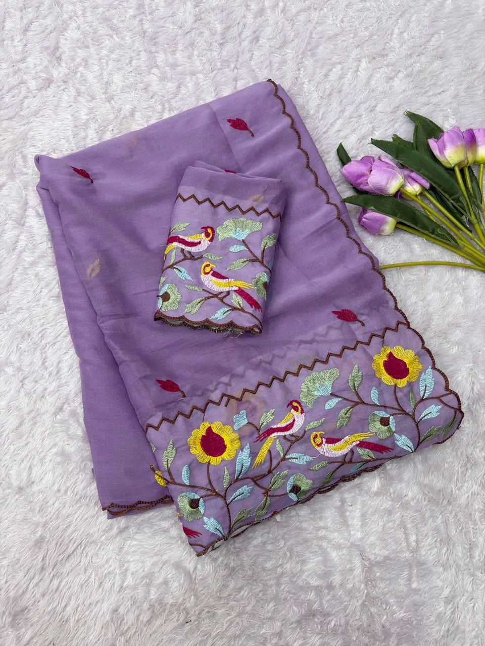 STAR GORGETTE MULTI EMBROIDERY PANEL WORK SAREE 
