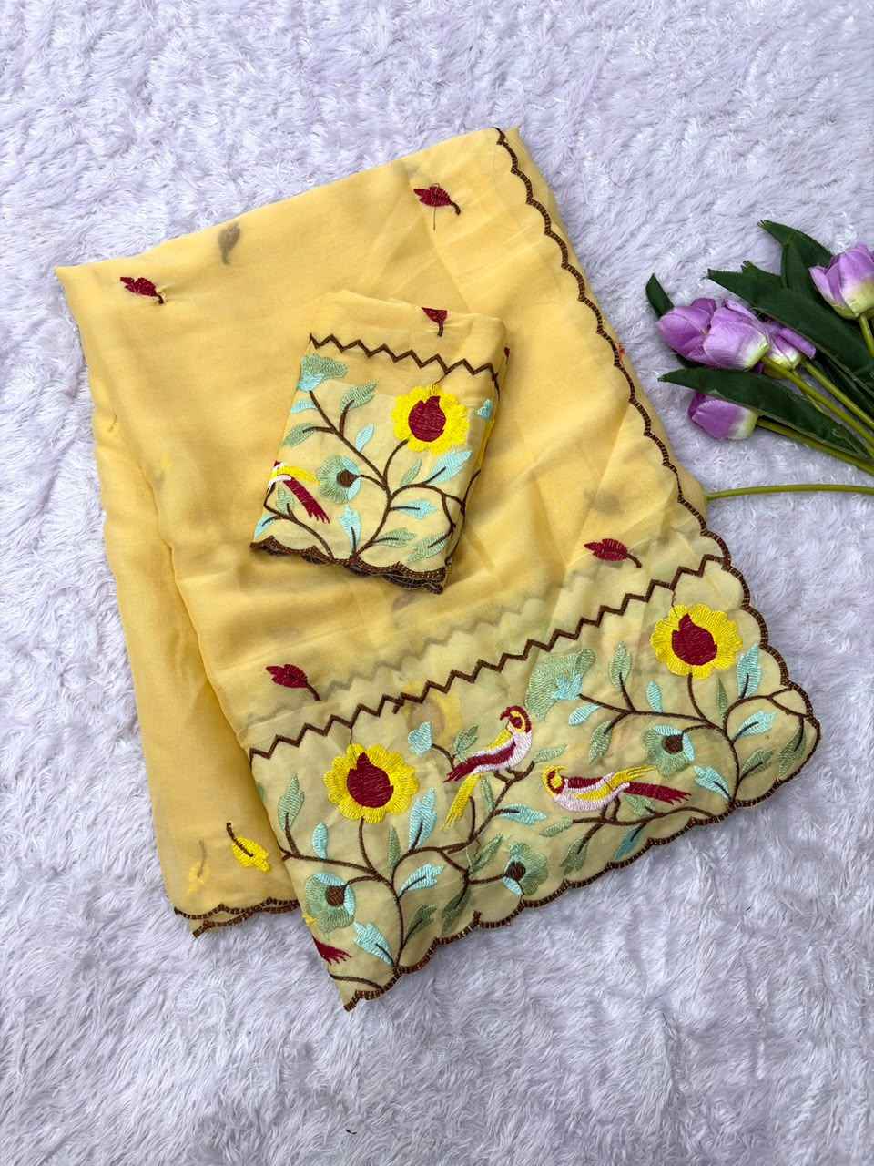 STAR GORGETTE MULTI EMBROIDERY PANEL WORK SAREE 