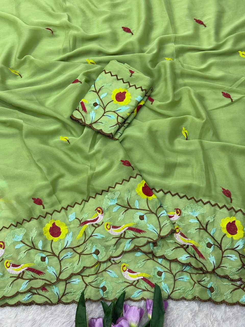 STAR GORGETTE MULTI EMBROIDERY PANEL WORK SAREE 