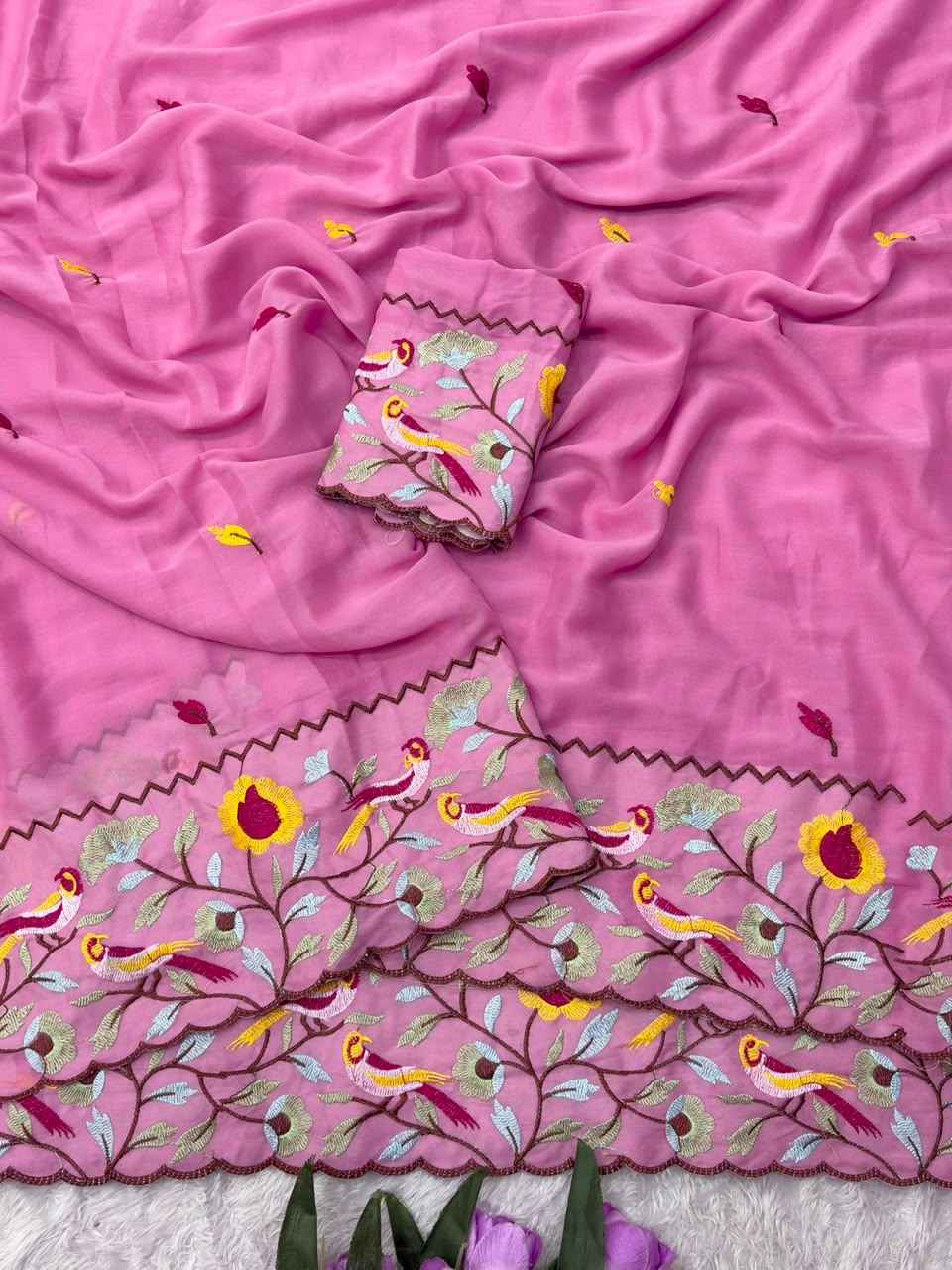 STAR GORGETTE MULTI EMBROIDERY PANEL WORK SAREE 