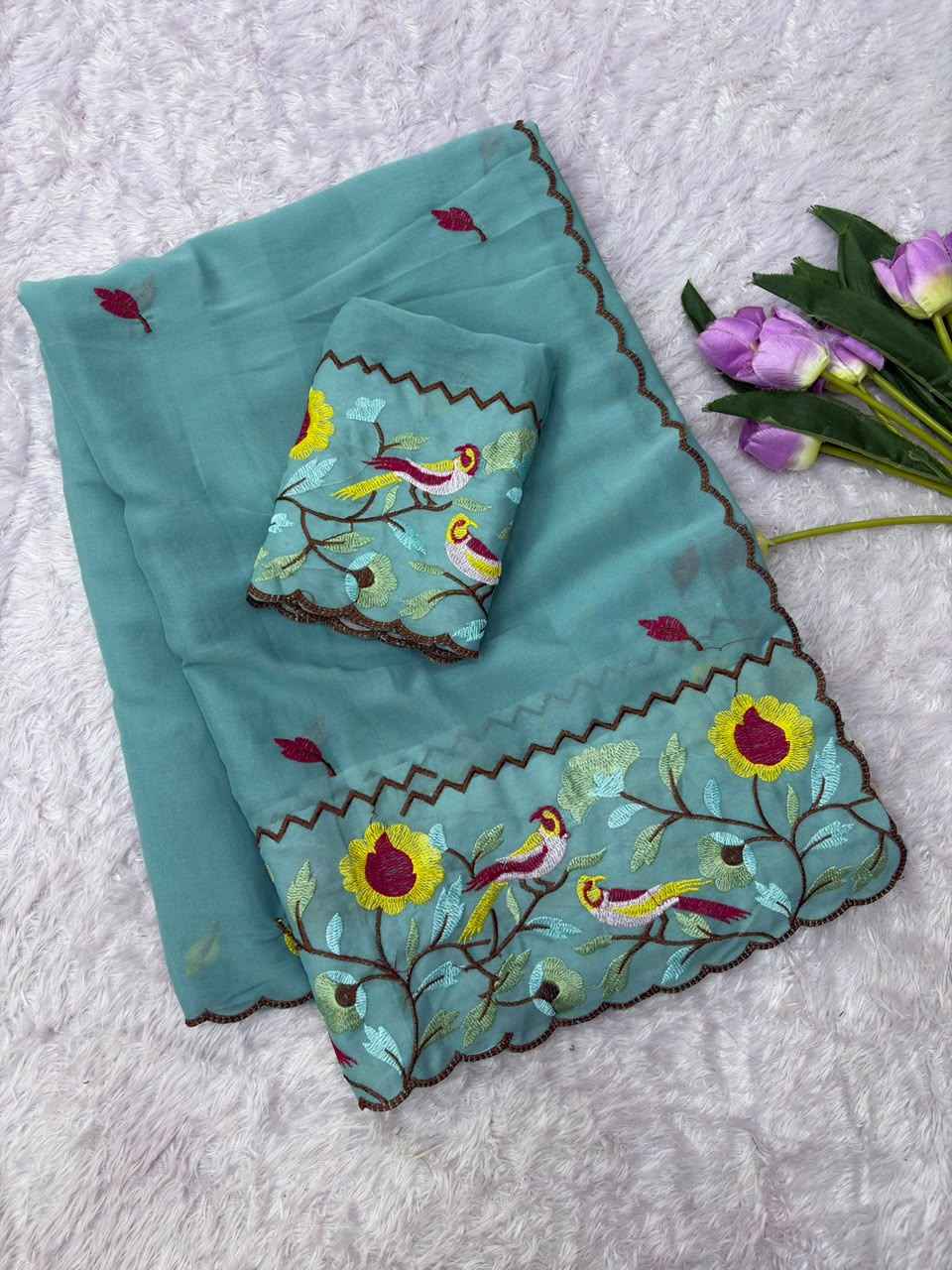 STAR GORGETTE MULTI EMBROIDERY PANEL WORK SAREE 