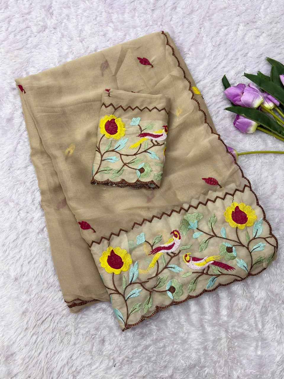 STAR GORGETTE MULTI EMBROIDERY PANEL WORK SAREE 