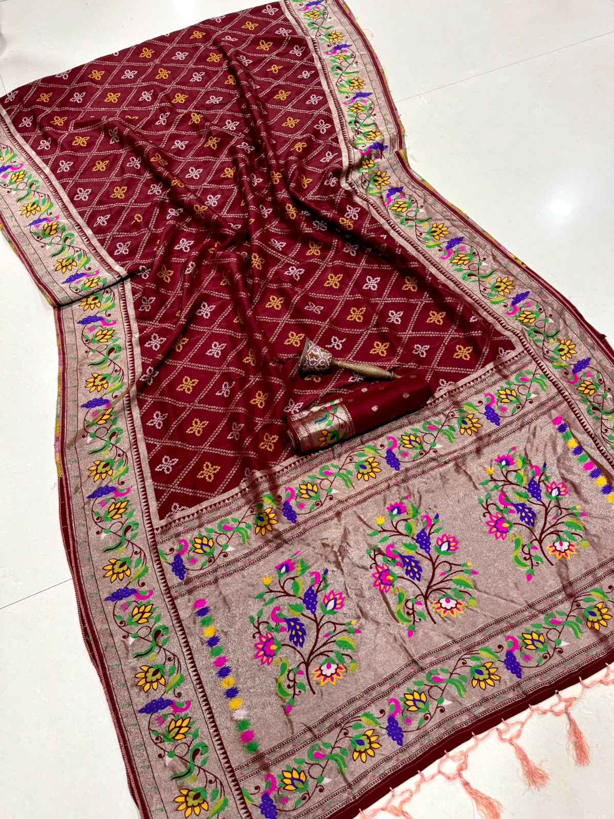 VISCOSE SILK MINAKARI ZARI WEAVING BANDHEJ PAITHANI SAREE