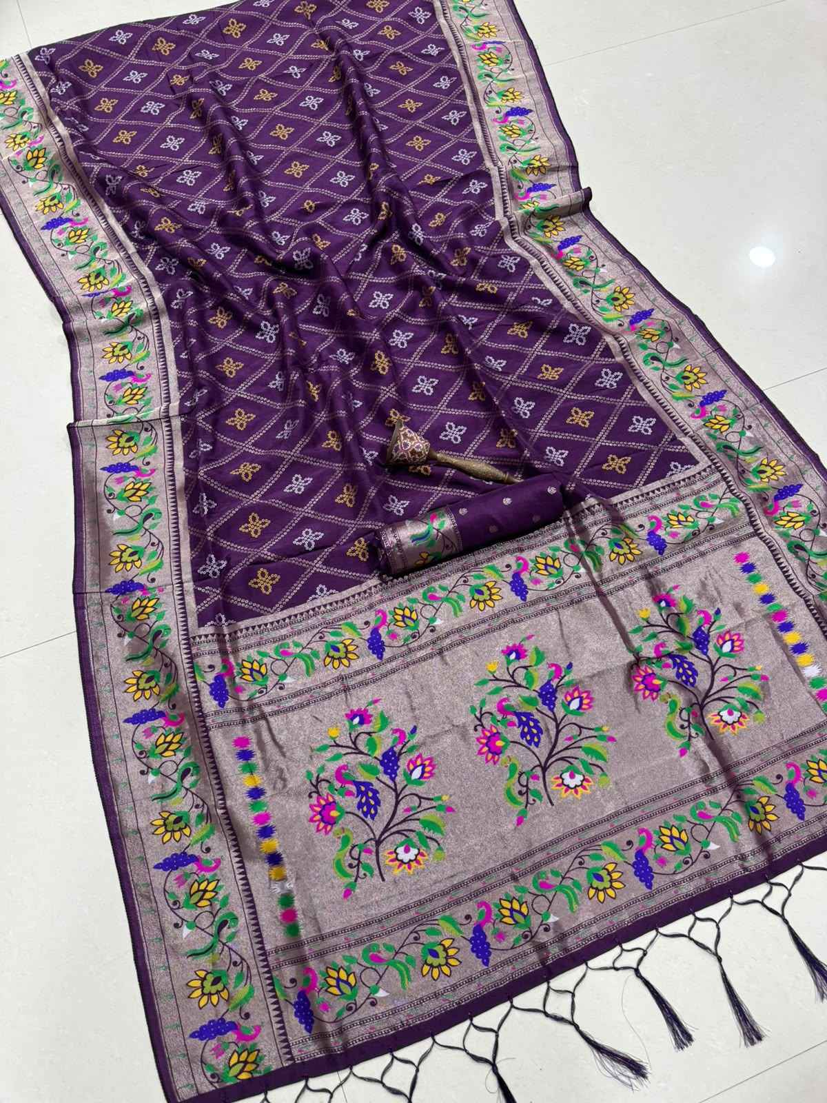 VISCOSE SILK MINAKARI ZARI WEAVING BANDHEJ PAITHANI SAREE